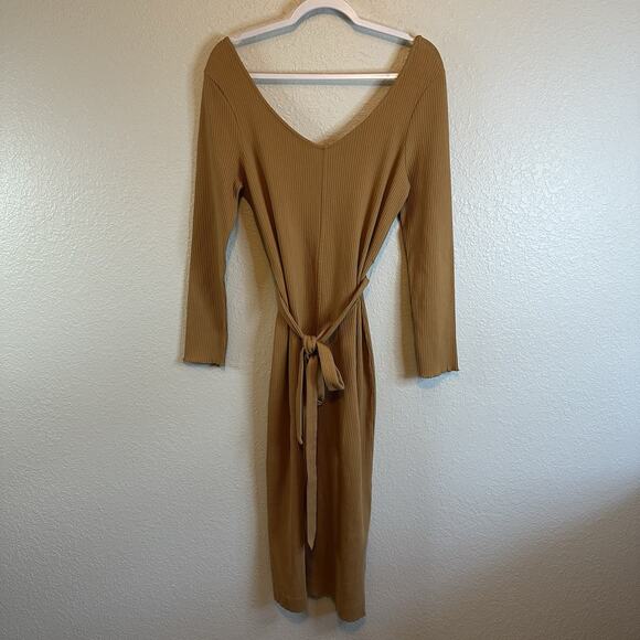 Pact Dress Ribbed Jazz Brown Camel Size Large Long Sleeve Belted Midi Organic - Picture 2 of 11